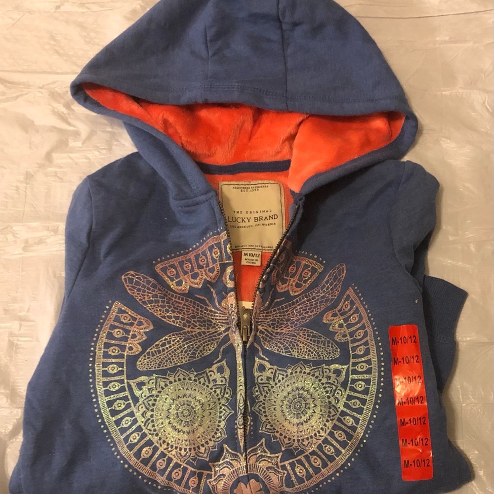 Lucky Brand Girls LS Full Zip Blue Graphic Hoodie Sweatshirt Girls Size 10